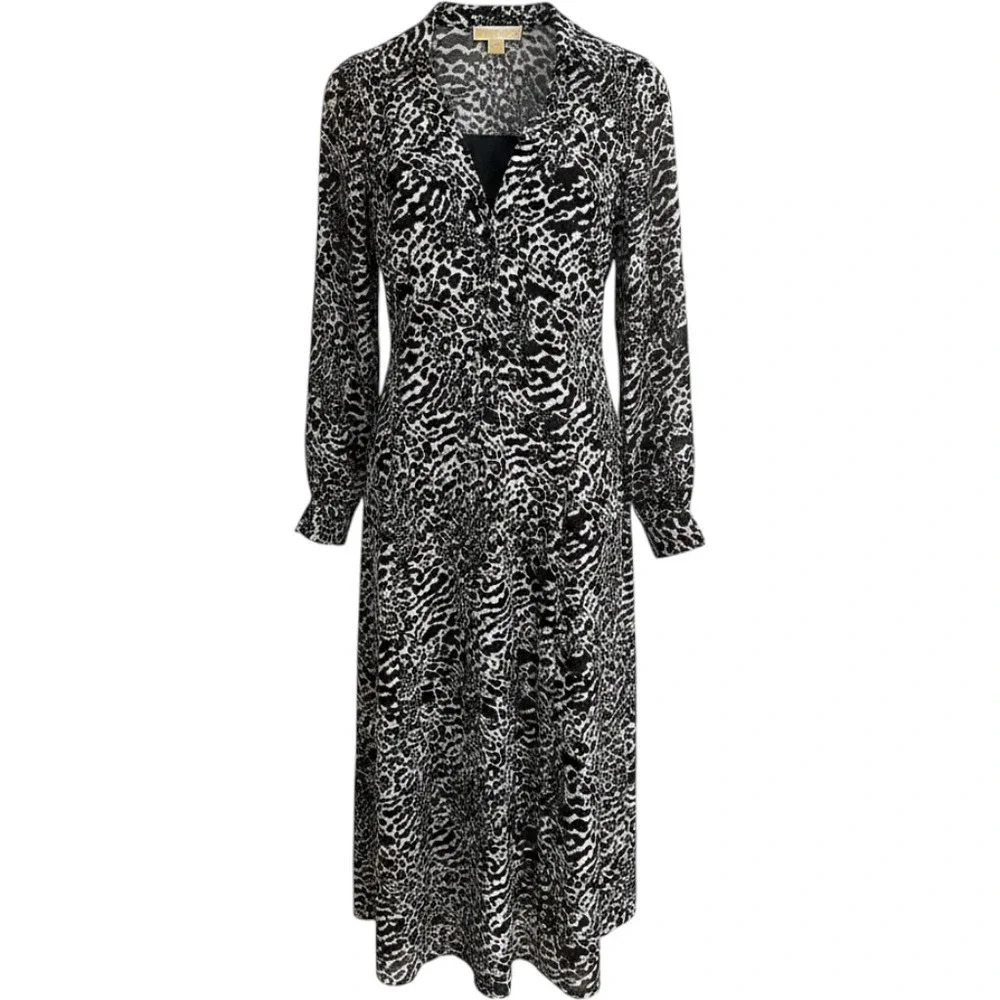 Michael‎ Kors Leopard Midi Dress XS Chiffon Black White Mob Wife Vacation Glam